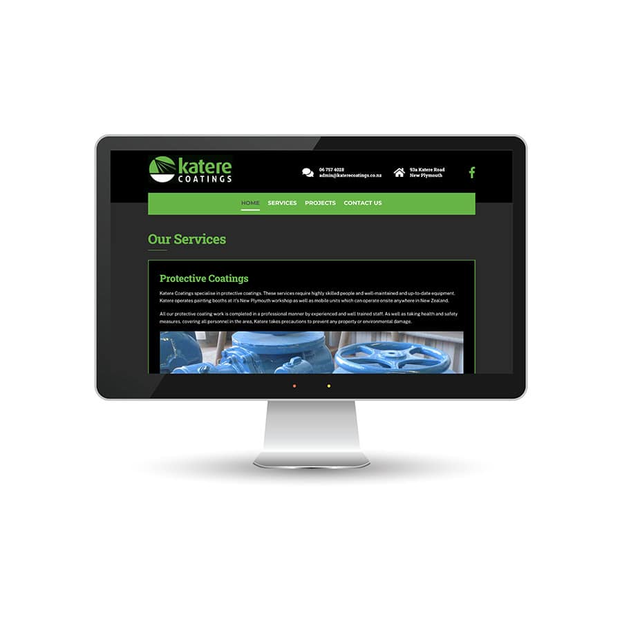Katere Modern website showcasing protective coating services for industrial equipment in New Zealand.