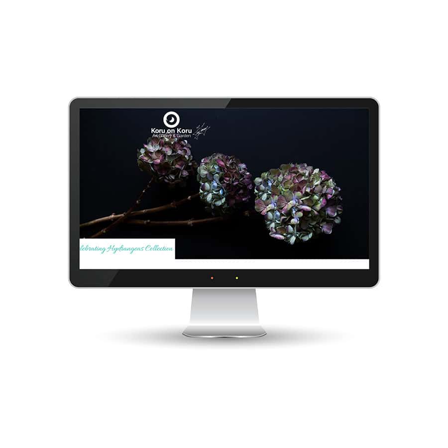 Computer monitor displaying Koru Hydrangeas logo and collection.