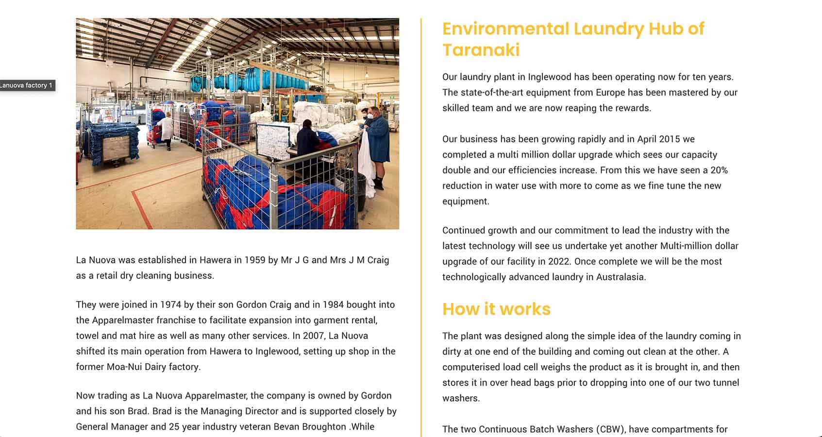 Factory interior with laundry equipment and workers at La Nuova laundry plant.