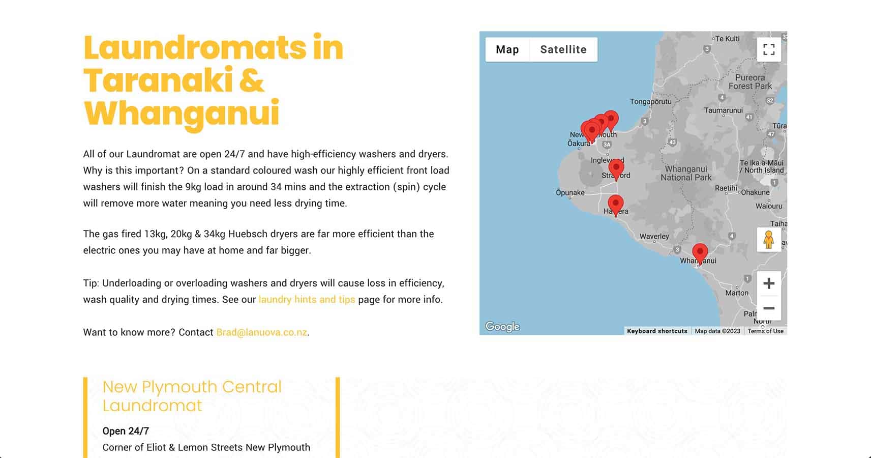 High-efficiency laundromats in Taranaki and Whanganui with 24/7 operation and water-saving washers.