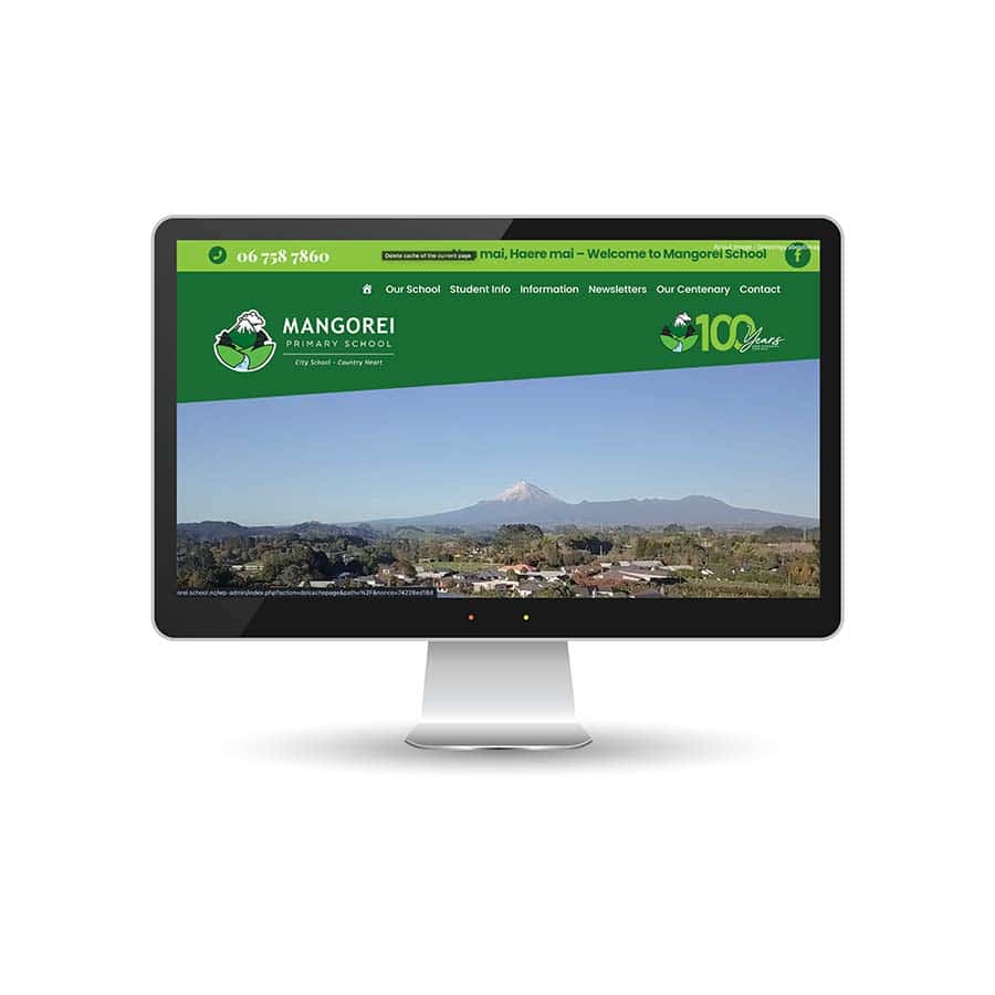 Mangorei School Mangorei Primary School website homepage on desktop monitor, showcasing school branding and scenic landscape.