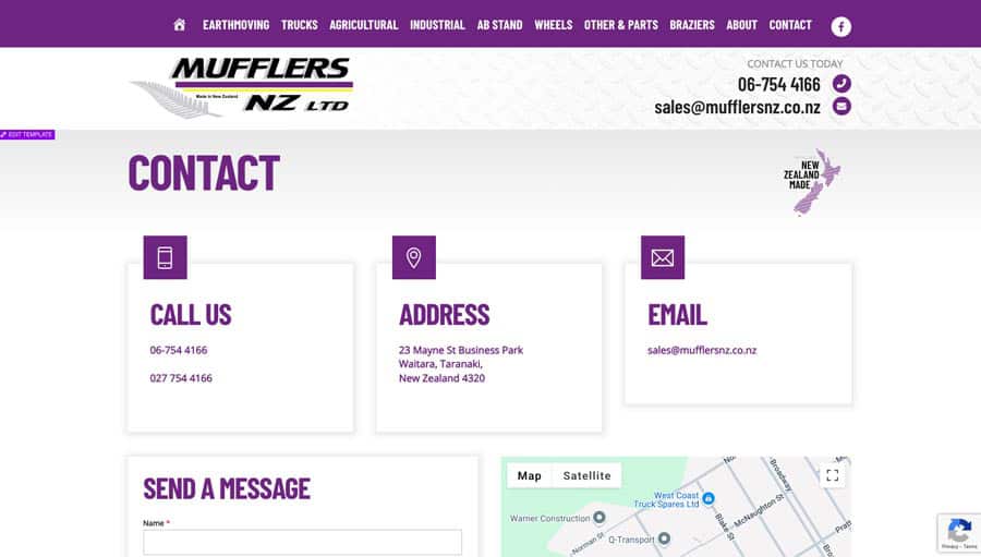 Mufflers NZ contact details on a website, including phone number, address, email, and map for customer inquiries.
