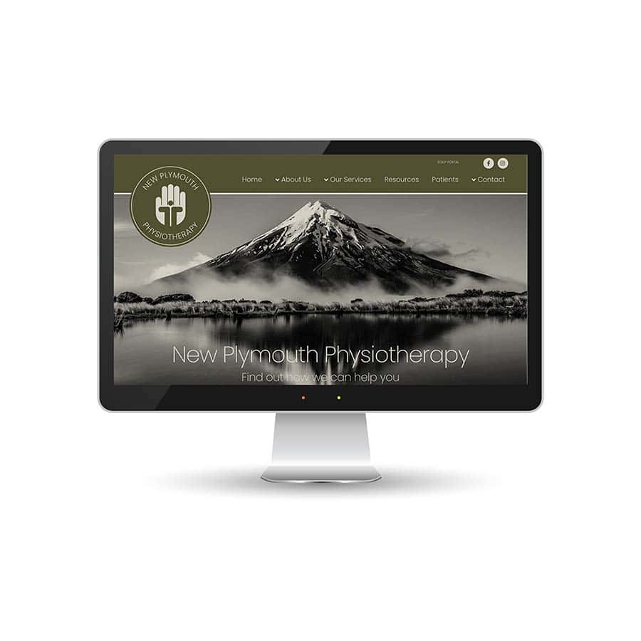 NP Physio Website Mountain landscape with water reflection, website screen mockup, New Plymouth Physiotherapy branding, online healthcare services, calming natural scenery.