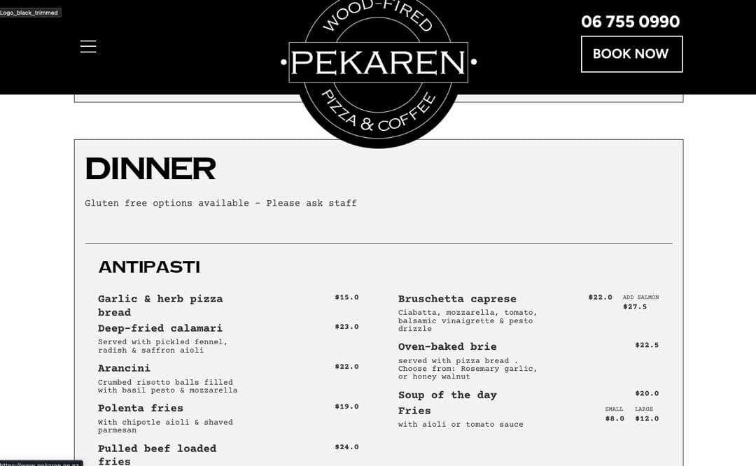 Wood-fired pizza and coffee at Pekaren restaurant in New Zealand.