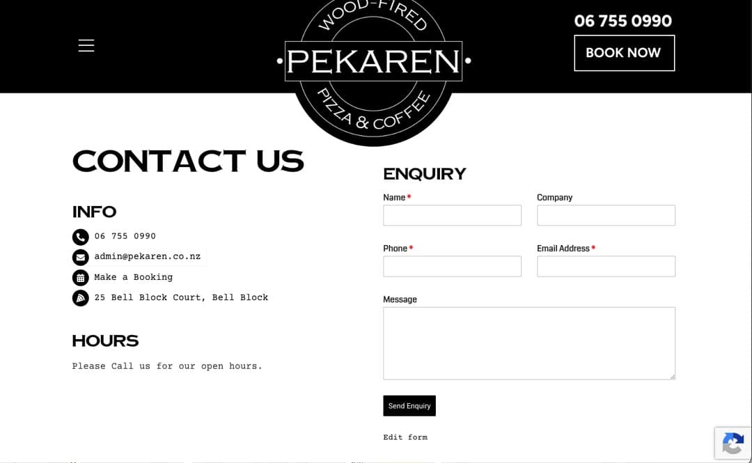 Contact page for Pekaren wood-fired pizza and coffee in Bell Block, NZ.