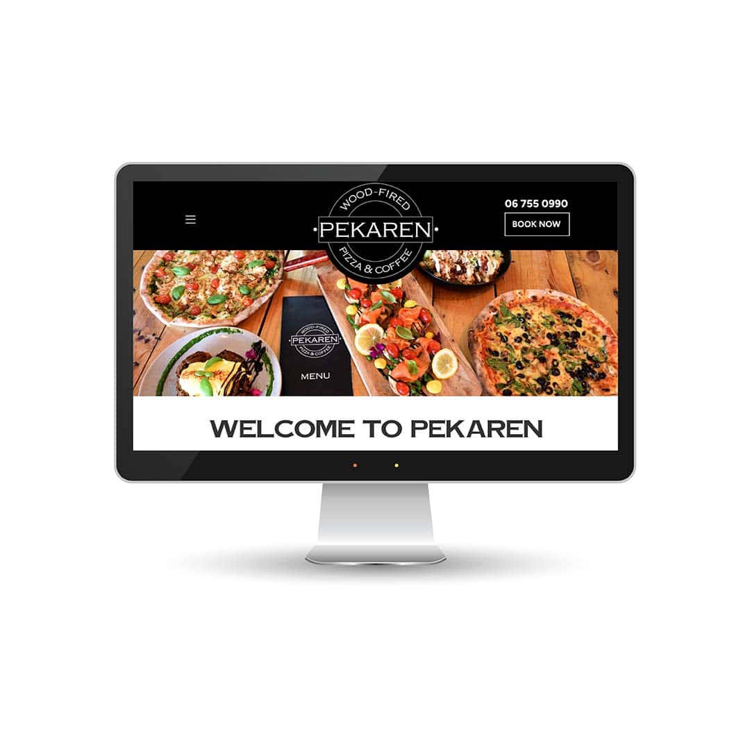 Pekaren pizza and coffee shop homepage on a computer screen.