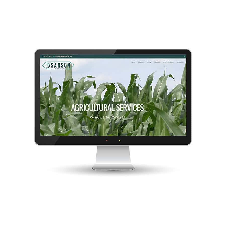 Sanson Agricultural services website displayed on a modern desktop monitor in New Zealand.