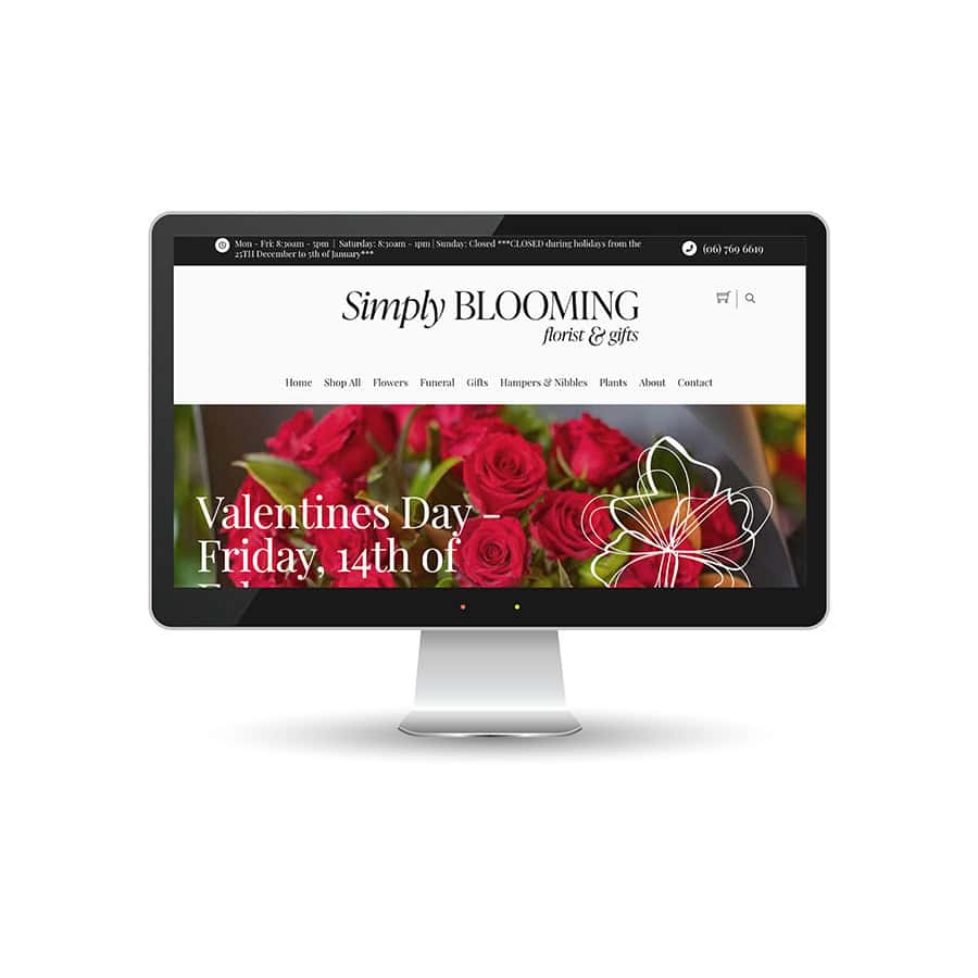 Simply Blooming Home Page Beautiful online florist website displaying Valentine's Day floral arrangements.