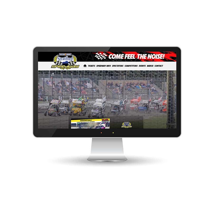 Race cars at Stratford Speedway on a digital screen.