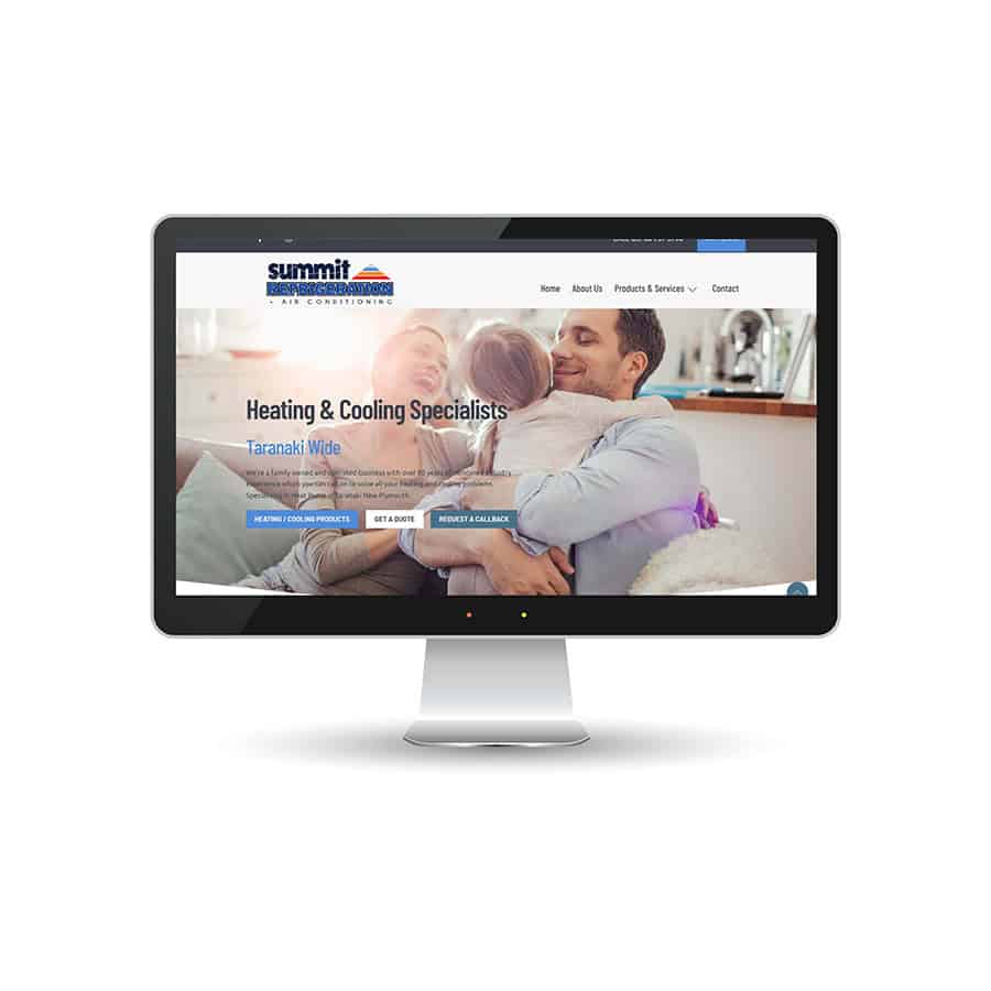 Summit Refrigeration Website Family embracing on a sofa promoting heating and cooling services in Taranaki, New Zealand.