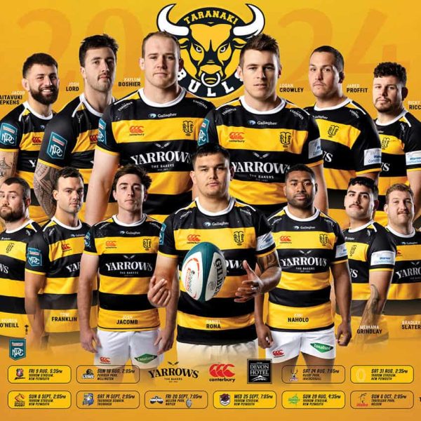 Yarrows rugby team players in black and yellow jerseys, team logo in background, NZ sports team promotional image.
