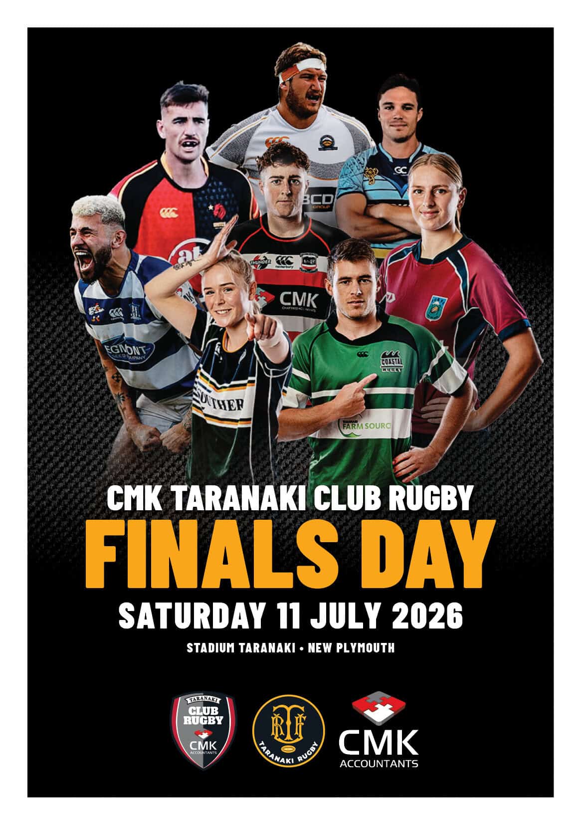 Taranaki rugby players celebrating at Finals Day event, July 11, 2026.
