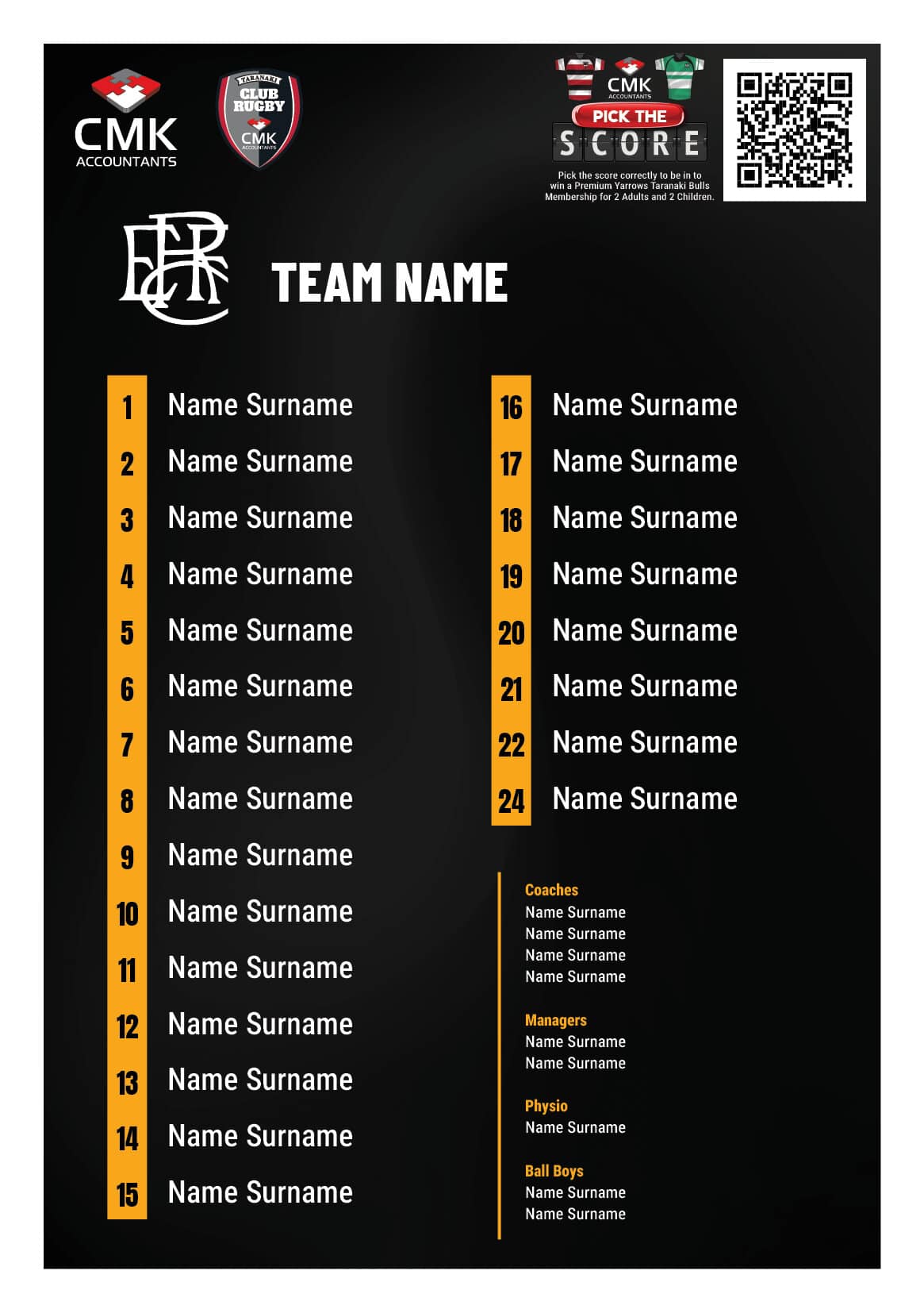 Sports team roster poster with player names, coach, manager, and sponsor logos.