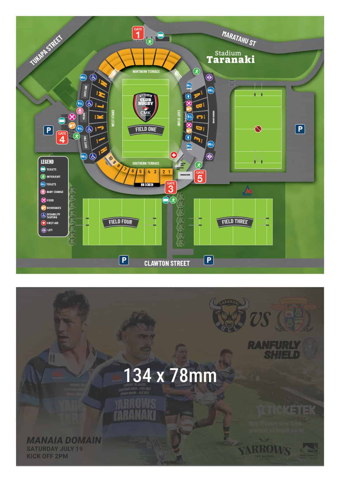 Taranaki Stadium map and rugby ticket for upcoming match at Taranaki Stadium, featuring team players.