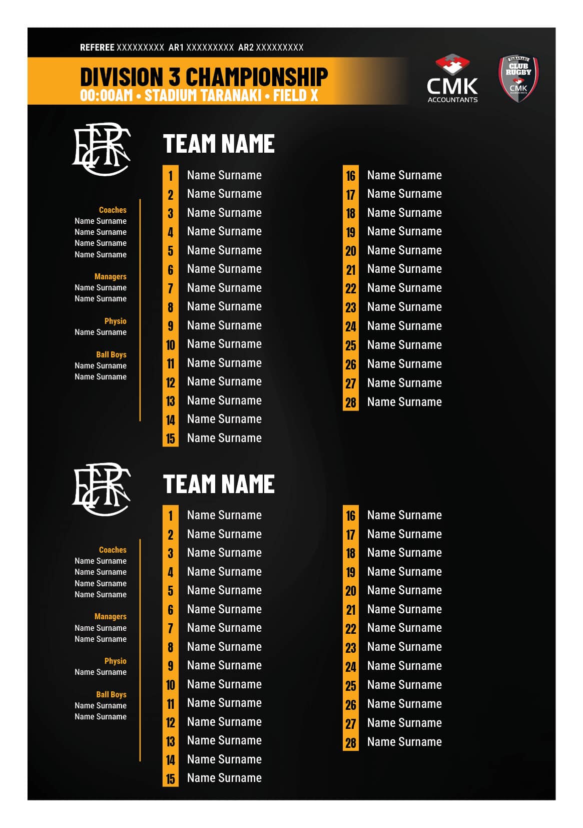 Sports team roster for Division 3 Championship at Stadium Taranaki, Field X.