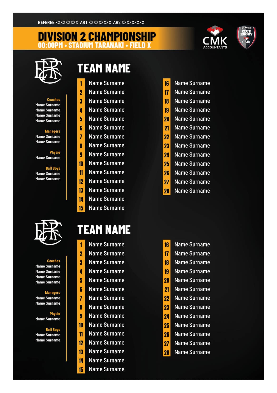 Event programme for Division 2 Championship football match at Stadium Taranaki, featuring team lineu.