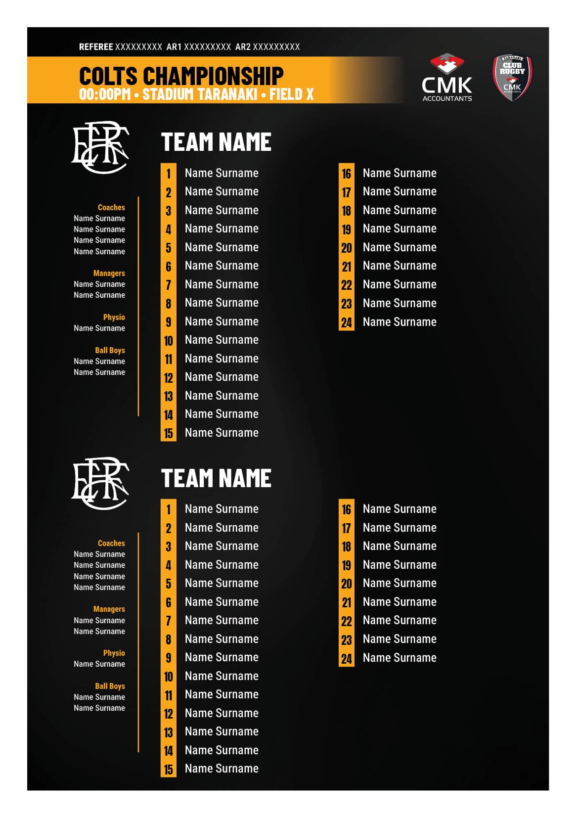 Close-up of football match program with team lineups and player numbers.