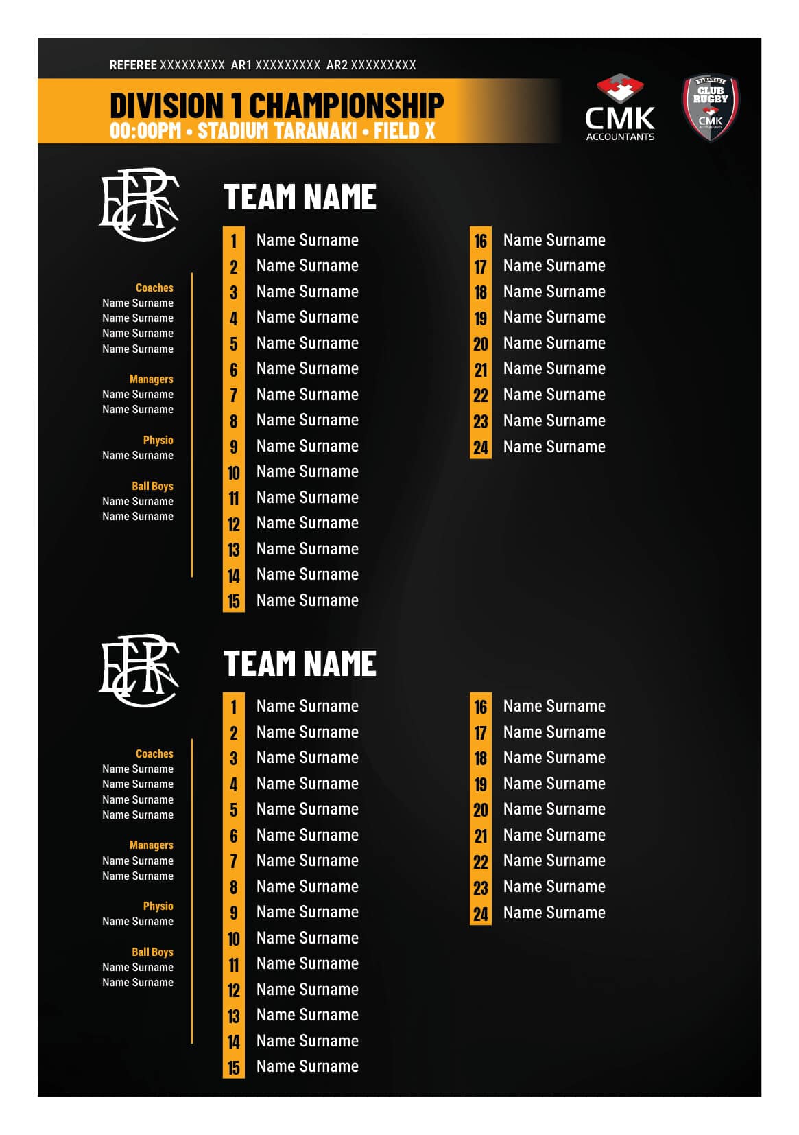 Division 1 Championship team roster and schedule at stadium field.