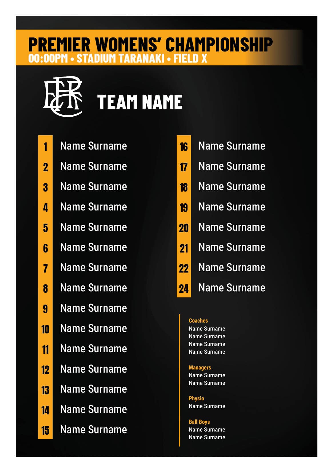 Premier Women's Championship team roster poster for Field X at Taranaki Stadium.
