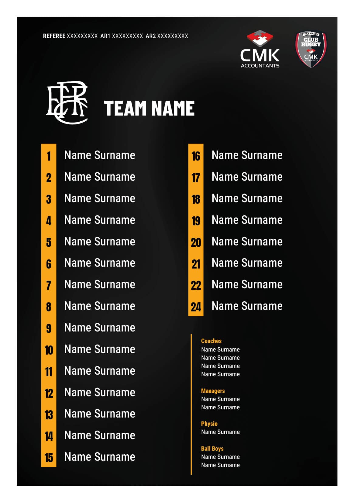 Sports team roster with player names, coaches, managers, and physio contacts.