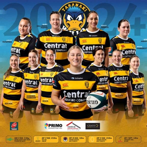 Taranaki Rugby Girls Team, Central Roofing sponsorship, team photo, sports, women's rugby, New Zealand sports team.