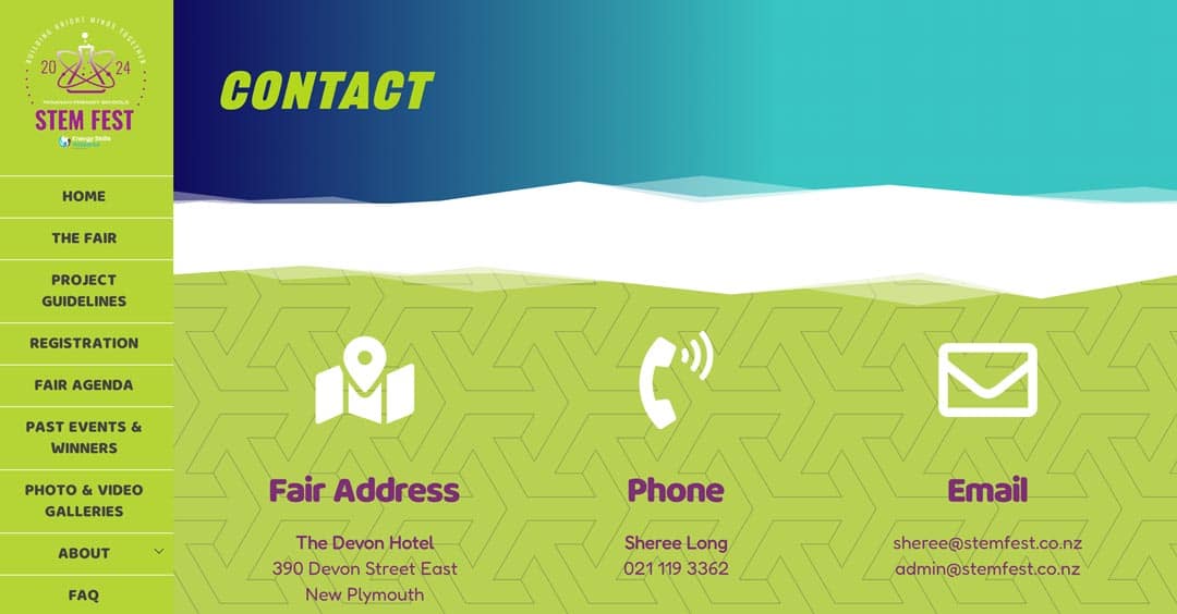 Website contact information and event details for STEM Fest New Plymouth.