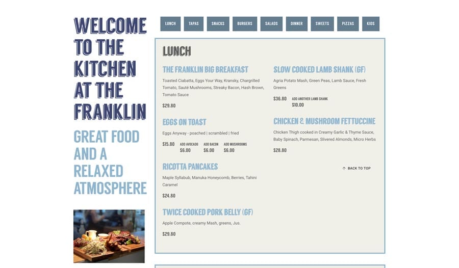 Breakfast menu featuring pancakes, lamb shank, and chicken parmesan at The Franklin Great food.