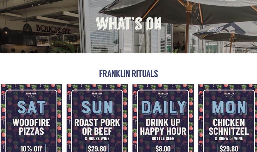 FRANKLIN RITUALS weekend food and drink specials at Franklin restaurant NZ, featuring pizzas, pork, schnitzel, and drink deals.