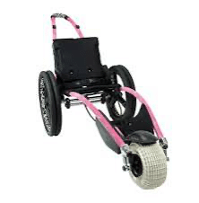 A three-wheeled wheelchair with a large front wheel and two rear wheels, featuring a black seat and pink frame accents.