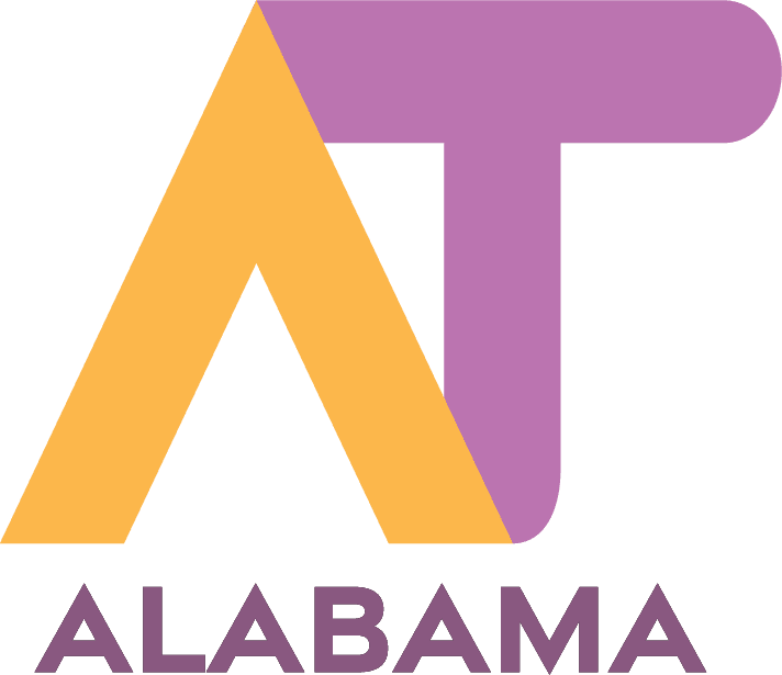 A stylized letter "A" in yellow and purple, with the word "ALABAMA" written below in purple, representing the official state emblem of Alabama.