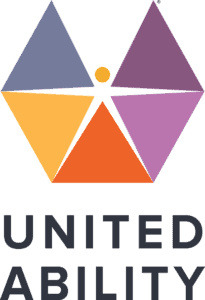 A logo featuring a central black dot connected to five colored triangles in purple, blue, orange, and violet, forming a star-like shape above the words "UNITED ABILITY".