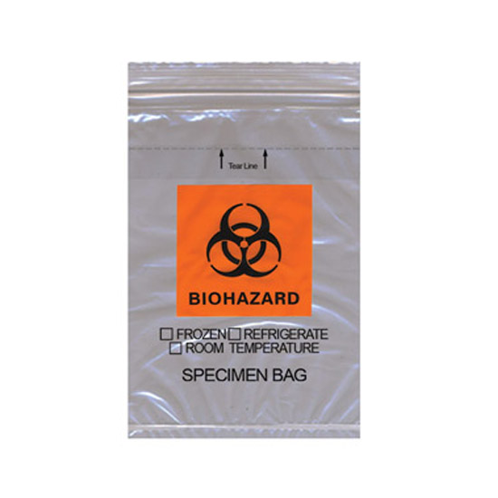 Zip Specimen Transport Bag, 8W x 10L, Orange/Black Biohazard, Clear, 1.75 MIL