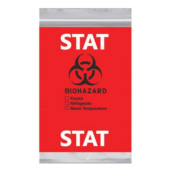 6W x 9L, 2 Mil STAT Red Imprint Clear Specimen Bags with Absorbent Pad
