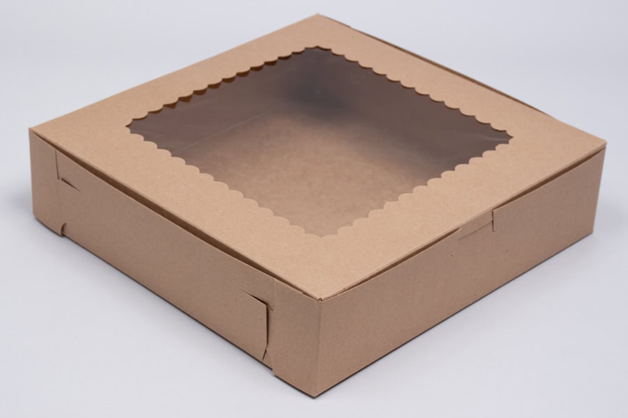 9 x 9 x 2-1/2, Window Bakery Boxes, Glued 4-Corner, Natural Kraft