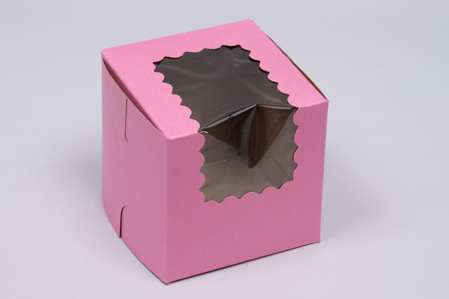 4 x 4 x 4, Window Cupcake Boxes, 1-Piece Lock Corner, Strawberry Pink