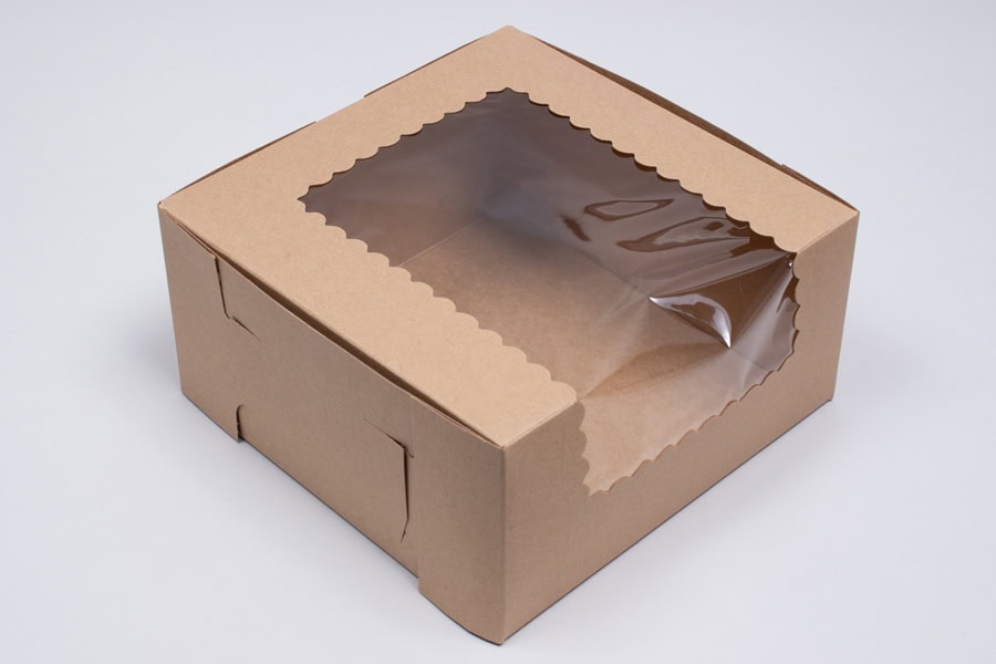 9 x 9 x 4, Window Bakery Boxes, Glued 4-Corner Front-Load, Natural Kraft
