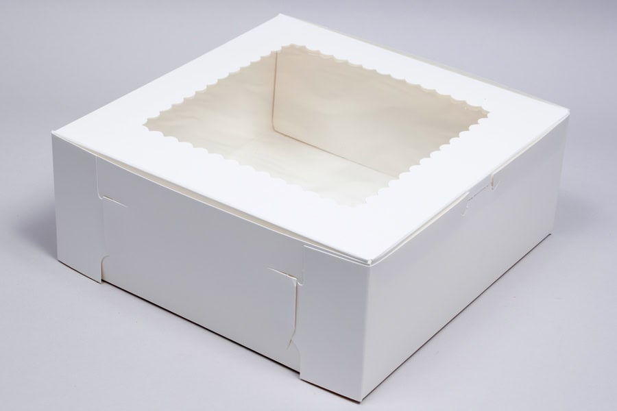 9 x 9 x 4, Window Bakery Boxes, Glued 4-Corner Front-Load, White