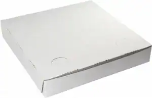 Pizza box with lock corners, heavy-duty construction, FDA-approved claycoat for safe food packaging.