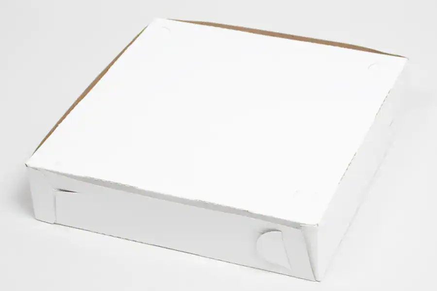 Customizable 12x12x2 lock corner pizza box with FDA-approved claycoat finish.