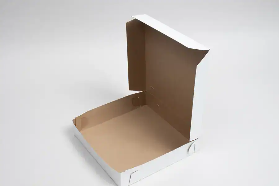 Open 8x8x1.5-inch pizza box with lock corner for safe delivery and storage.