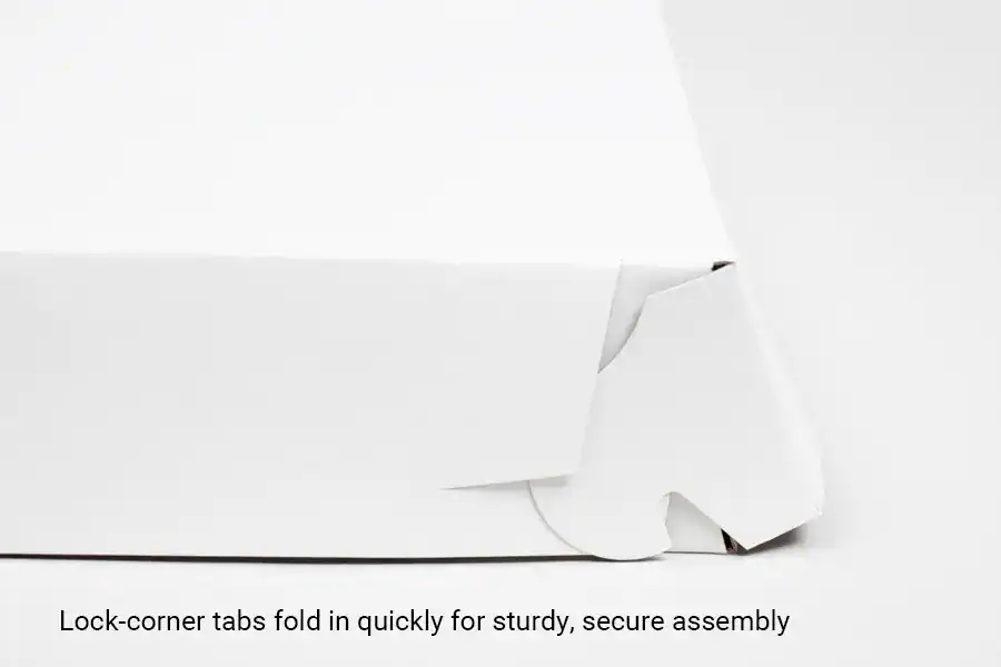 White lock corner pizza box with FDA-approved claycoat for safe food storage.