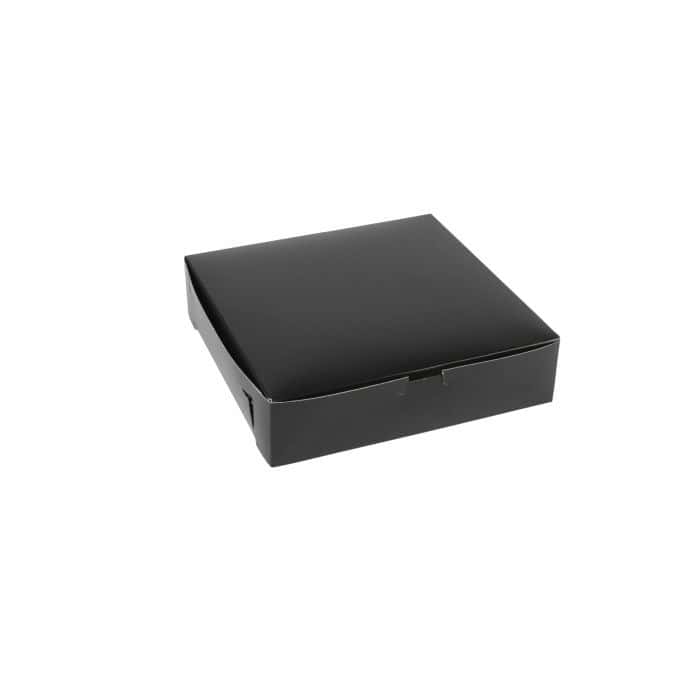Black bakery box, 10x10x2.5 inches, glossy finish, single-piece design.