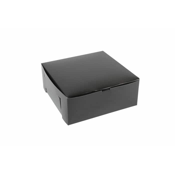 Black bakery box for packaging baked goods and treats.