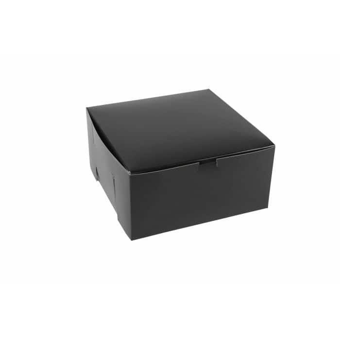 Black bakery box, 10 x 10 x 5 inches, glossy finish, ideal for bakery packaging and presentation.