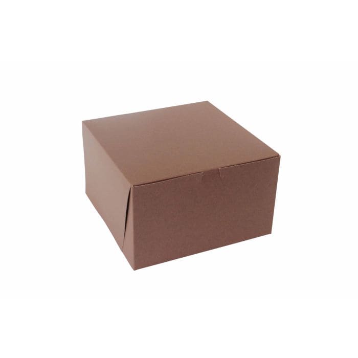 Brown 10x10x6 bakery box with lock corner for packaging baked goods.