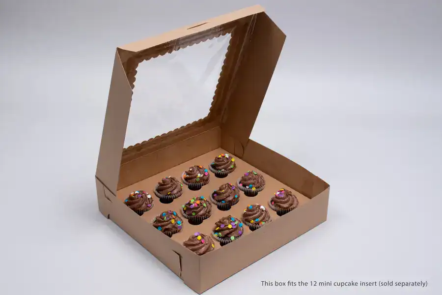 Kraft bakery box with window for cupcakes, 12-cupcake capacity, glued 4-corner design, natural kraft.