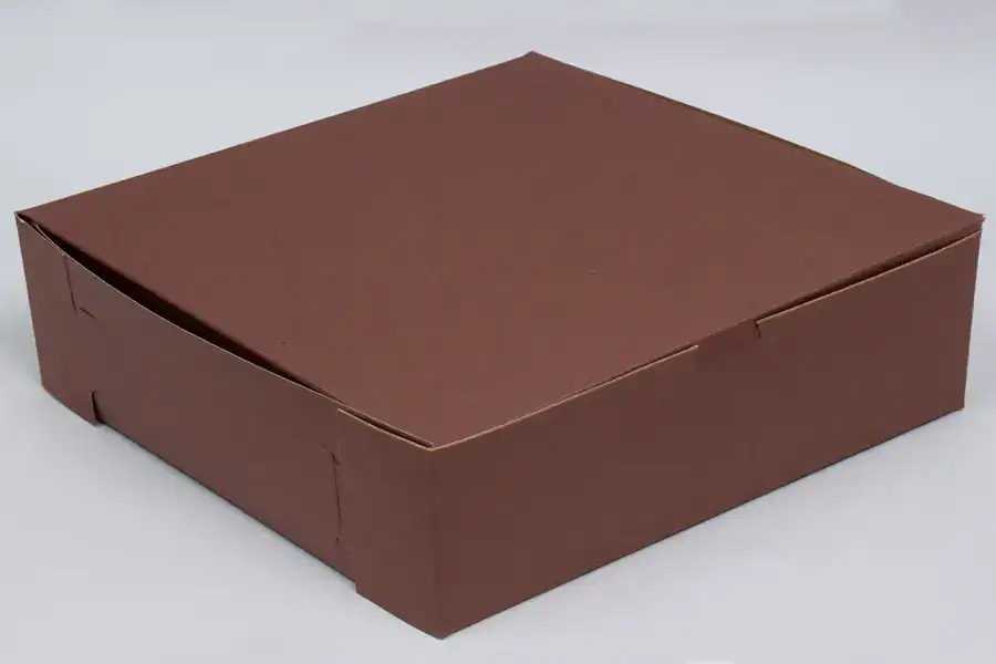Bakery box with 10 x 10 x 2-1/2 dimensions, lock corner design, ideal for chocolate cocoa packaging.