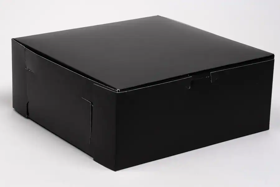Black bakery box for packaging baked goods and pastries. Perfect for retail and catering needs.