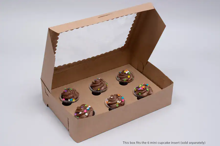 Cupcake box with window, natural kraft, 10 x 7 x 2-1/2, lock corner, 1-piece design.