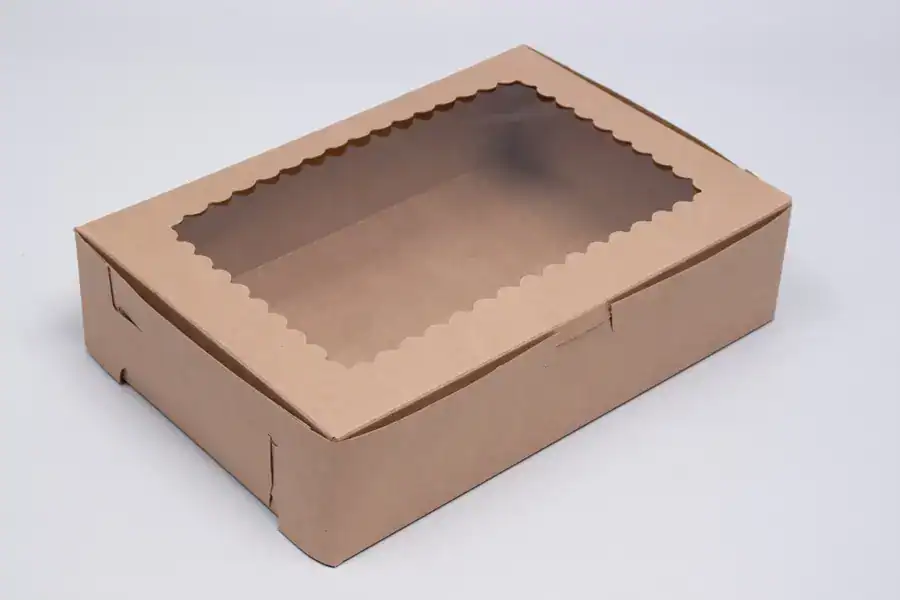 Eco-friendly kraft cupcake box with window and secure lock corner design.